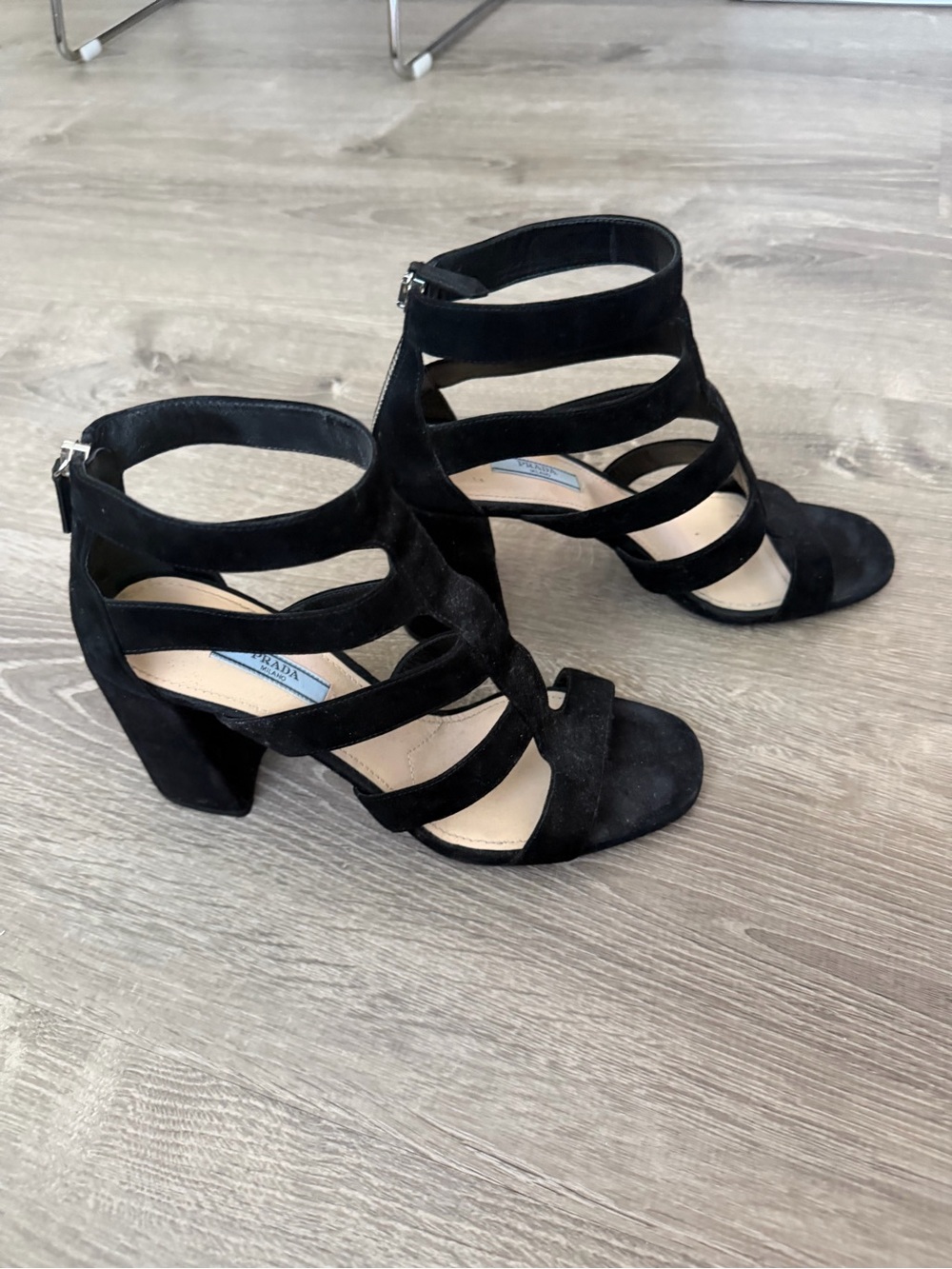 Prada Black Suede Multi-Strap Block Heel Sandals